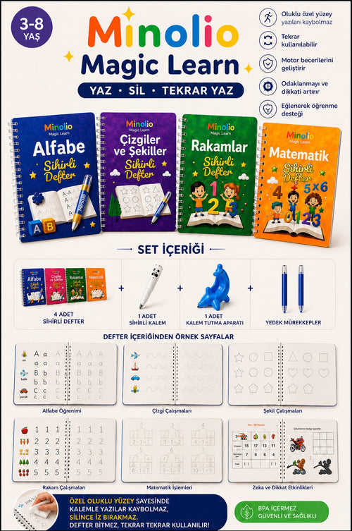 Minolio Magic Learn — Kabartmalı Sihirli Yazı Seti + Sihirli Kalem Hediye