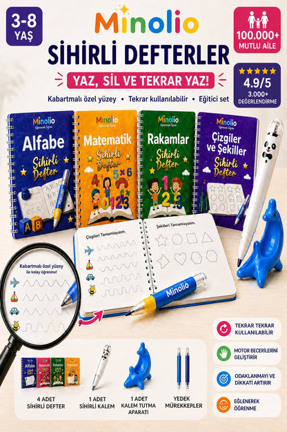 Minolio Magic Learn — Kabartmalı Sihirli Yazı Seti + Sihirli Kalem Hediye