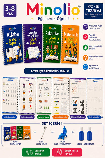 Minolio Magic Learn — Kabartmalı Sihirli Yazı Seti + Sihirli Kalem Hediye